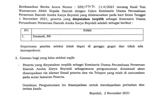 pengumuman tahap wawancara seleksi komisaris PT AKB